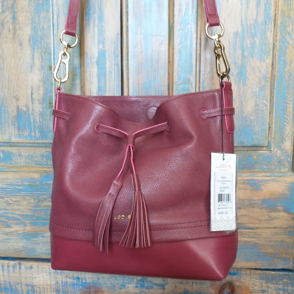 NWT! Lodis burgundy tassel drawstring bucket crossbody bag, Kate 821, $260